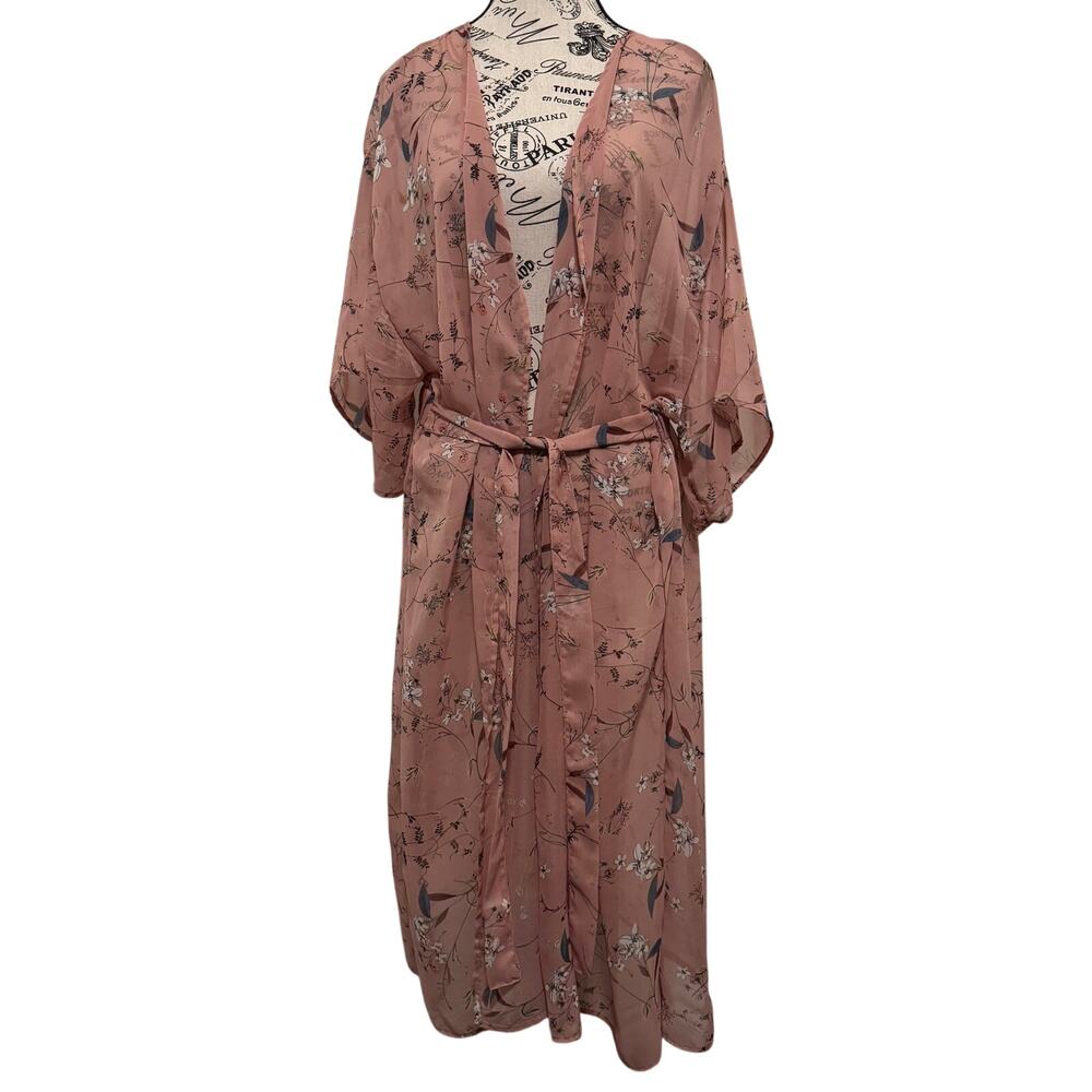Sheer Floral Duster Kimono Cardigan L/XL Dusty Pink Belted Swim Cover Up